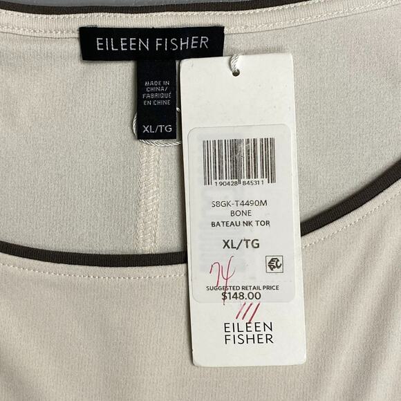 Eileen Fisher Beige Silk Piped Trim Short Sleeve Boat Neck Pullover Top XL $148 - Picture 8 of 10